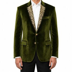 Mens 44R Green Velvet Blazer Hand Embroidered Beaded Paisley Wedding Tuxedo